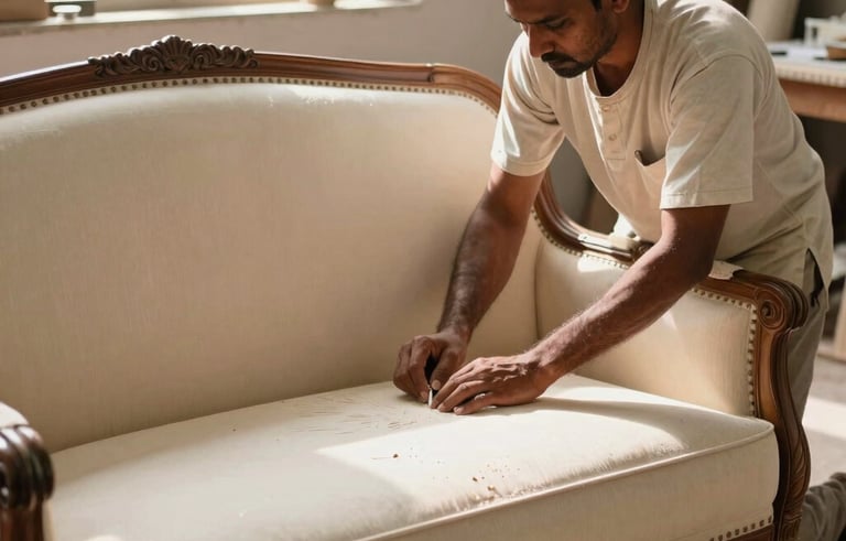 A professional South Asian craftsman in a sunlit Siliguri workshop carefully applying new cream-colored upholstery to a classic sofa frame, showcasing expertise and tradition.