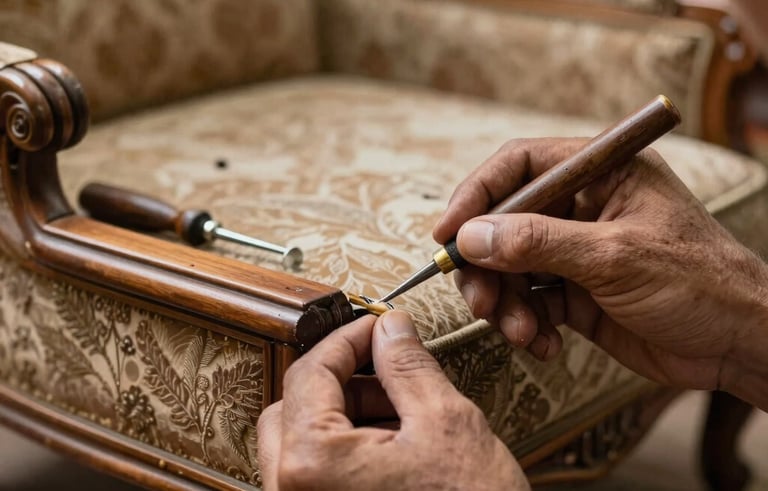 Macro photography of skilled hands repairing the wooden frame of an antique sofa, using traditional tools in an Indian workshop setting with warm, ambient lighting.