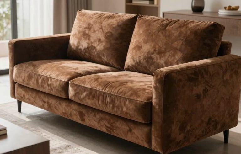 A beautifully finished custom-designed modern sofa with deep brown upholstery, placed in a bright, contemporary South Asian living room, emphasizing high-end craftsmanship.