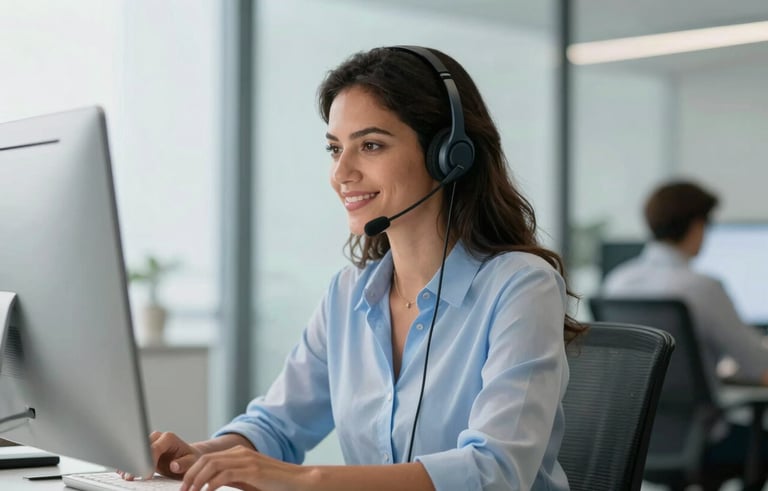 A focused South American professional woman in a modern, brightly lit Brazilian office, wearing a sleek headset and looking at a computer screen with a satisfied expression. The lighting is soft and professional, with a color palette of soft blues and white.