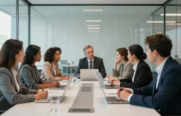 A group of diverse South American professionals collaborating in a futuristic glass-walled boardroom. The atmosphere is innovative and airy, with soft natural light and subtle tech elements. Photography style is crisp and modern.