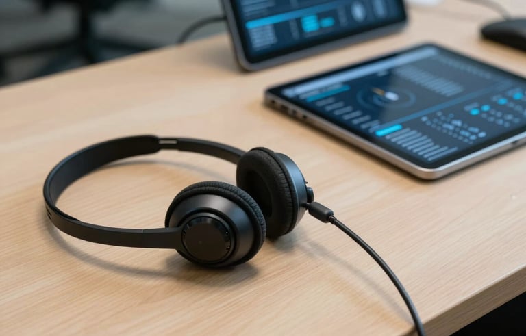 Close-up of a high-end tele-attendance workstation in a high-tech corporate office in São Paulo. A professional headset rests on a clean, light wood desk next to a tablet showing data visualizations in dark blue and light blue tones.