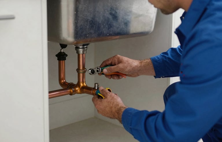 A professional plumber wearing a blue uniform working with copper pipes under a kitchen sink in a modern North American / US - Florida house. Natural light, professional photography, focus on skilled hands and tools.