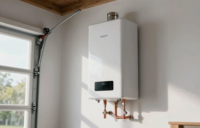 A high-efficiency tankless water heater mounted on a clean garage wall in a North American / US - Florida home. Professional installation with neat copper piping and modern equipment.