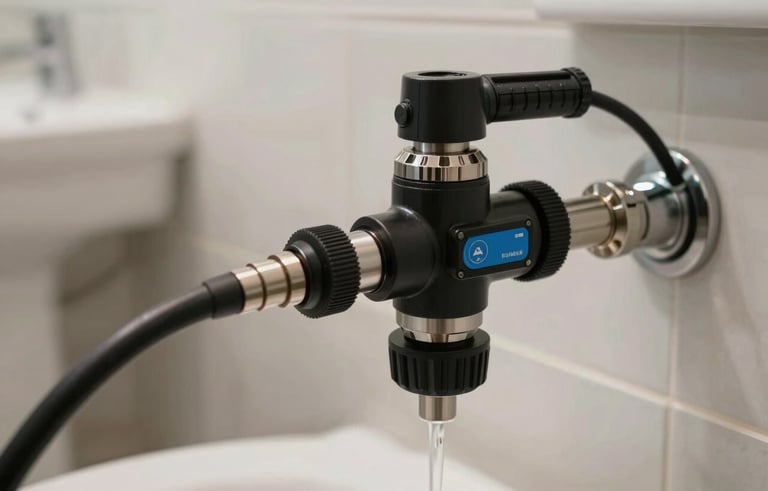 A close-up of professional drain cleaning equipment being used in a clean, modern bathroom setting in a North American / US - Florida house. Focus on the high-tech specialized plumbing machinery.