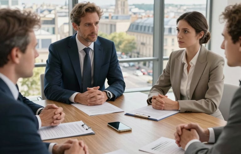A sophisticated marketing strategy session in a high-end European office setting, featuring a clean wooden table with professional documents and a view of a French city skyline. The lighting is bright and natural, reflecting an upscale, professional atmosphere with colors like slate blue and beige.