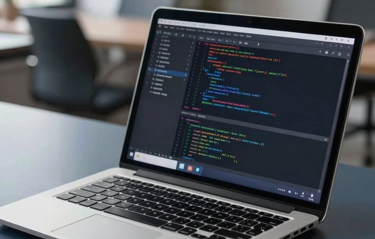 Close-up of a modern laptop screen displaying clean data analytics and code, set on a dark slate blue desk in a contemporary European office. Sharp focus, professional lighting, representing technological reliability.