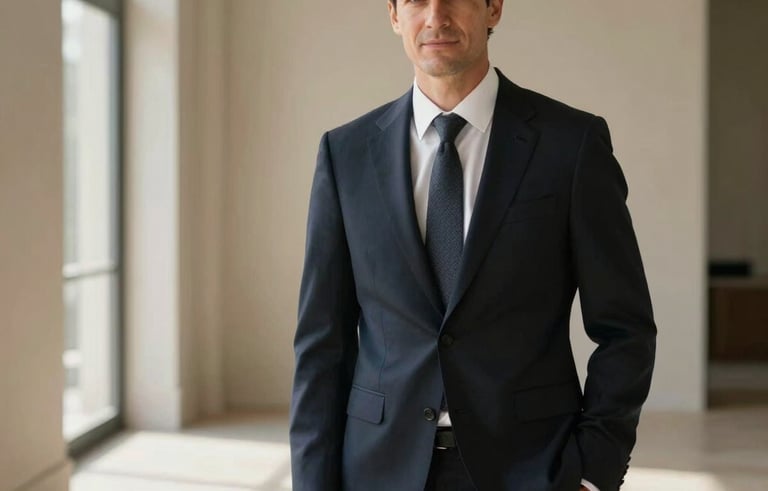 A professional portrait of a consultant in a tailored suit, standing in a minimalist French architectural space with soft daylight. The atmosphere is confident and upscale, featuring subtle beige and dark navy tones.