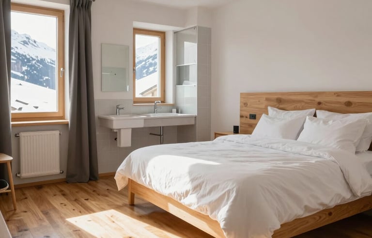 Interior of a bright Airbnb apartment in the Swiss Alps. Perfectly made bed with crisp white linens, a sparkling clean bathroom in the background, and polished wooden floors reflecting the soft sunlight. Modern and minimalist alpine decor. Central European / Swiss French style.