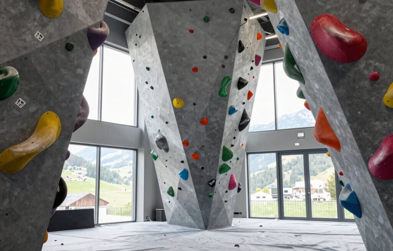 A wide shot of a modern climbing gym in the Valais region. The colorful climbing holds are clean and vibrant against grey walls. Large windows let in bright natural light, showing spotless sports flooring and a dust-free environment. Professional and clean atmosphere. Central European / Swiss French style.