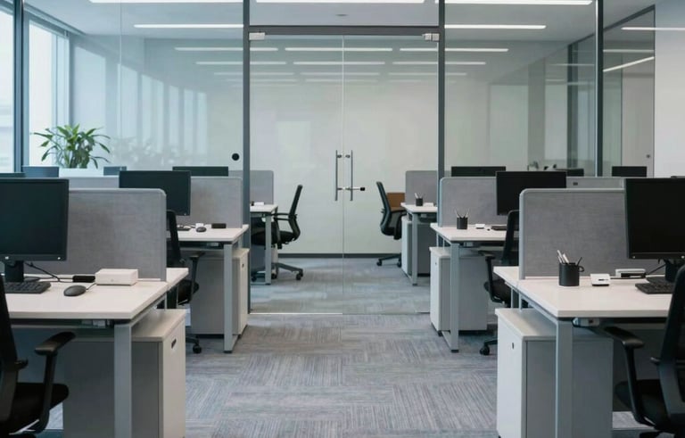 Clean and organized office environment in Sion with large glass partitions. The desks are dust-free and the carpets are perfectly vacuumed. Tones of steel blue and light grey. A professional atmosphere reflecting productivity and order. Central European / Swiss French.