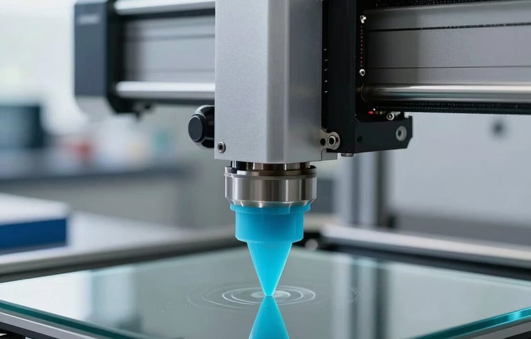 Close-up of a high-end industrial 3D printer nozzle extruding bright cyan plastic onto a clean glass bed. The background shows a modern North American laboratory with soft bokeh. Natural daylight mixed with cool studio light.
