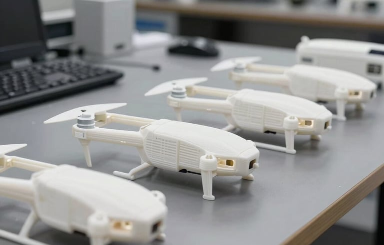 A row of several white 3D printed drone frame prototypes neatly aligned on a dark gray workbench in a North American tech office. The lighting is crisp and modern.