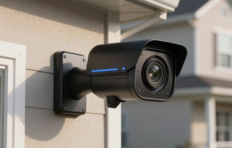 A close-up photograph of a modern, sleek black 4K security camera mounted on a residential exterior wall in a North American suburb. The lighting is crisp afternoon sun, highlighting the premium metallic texture and the blue indicator light.