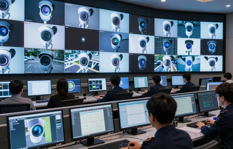 A wide shot of a sophisticated security control room in the US. A professional monitoring desk faces a wall of high-definition screens displaying live feeds from thermal and LPR cameras, illuminated by soft blue and white ambient lighting.