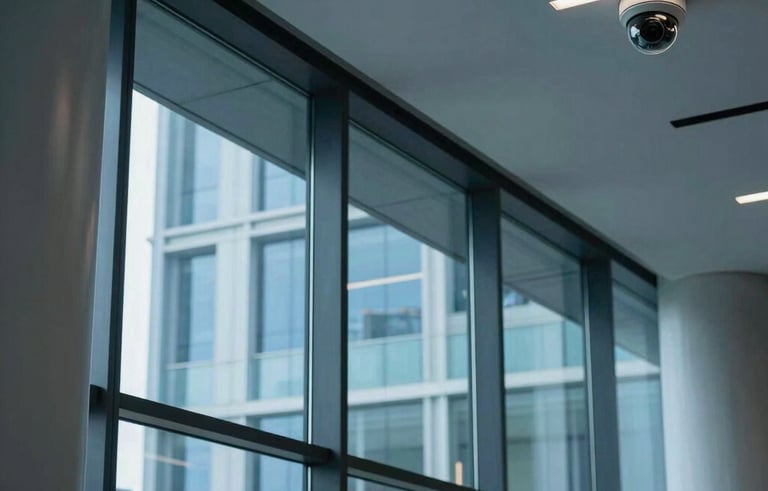 An interior shot of a modern, high-end North American office lobby with large glass windows. Discrete dome-shaped security cameras are visible on the ceiling, reflecting a professional and secure business environment with cool blue tones.