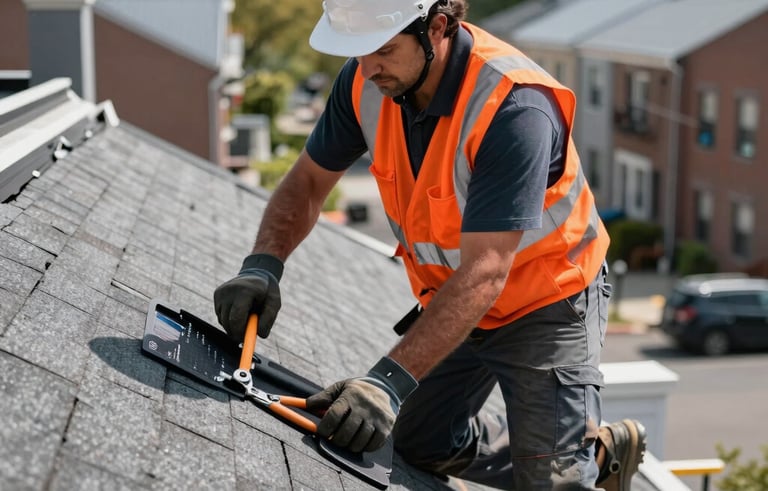 A professional North American roofing contractor wearing a high-visibility orange vest and safety gear, repairing a residential asphalt shingle roof in a New York City neighborhood. Bright daylight, sharp focus on the quality craftsmanship, modern tools visible.