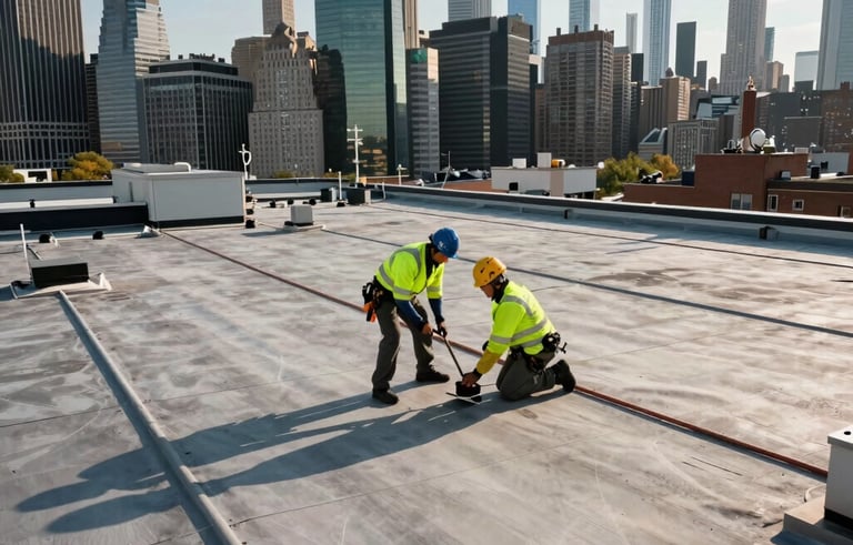 A wide-angle professional photograph of a roofer inspecting a large commercial flat roof in New York. The Manhattan skyline with skyscrapers is visible in the background under a clear sky. Professional and industrial mood.