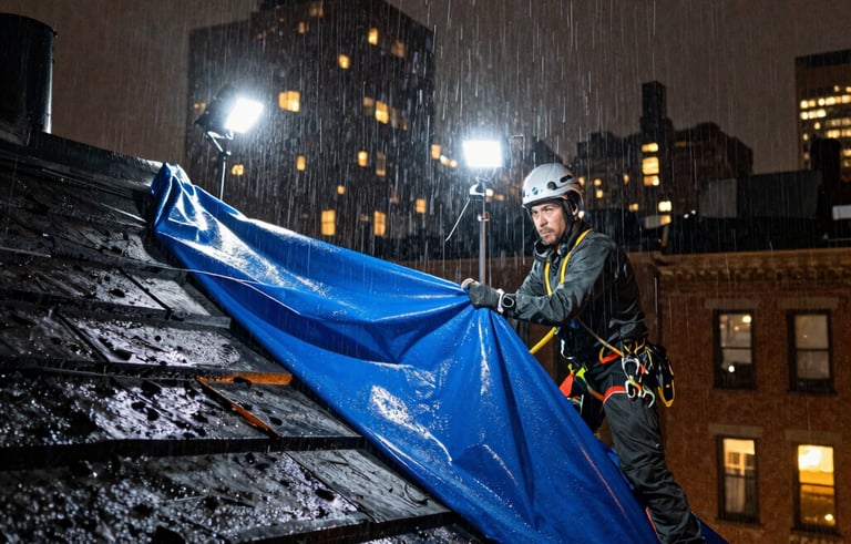 A dramatic North American night scene showing a professional roofer securing a heavy blue tarp on a storm-damaged roof in New York City. Rain is falling, and professional work lights illuminate the scene, conveying urgency.