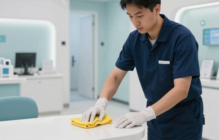 High-quality professional photography of a modern Manhattan medical clinic lobby. A professional cleaner wearing a dark blue uniform and gloves is carefully wiping high-touch surfaces. Bright, clinical lighting, sterile environment with white and light blue accents. North American / US style.