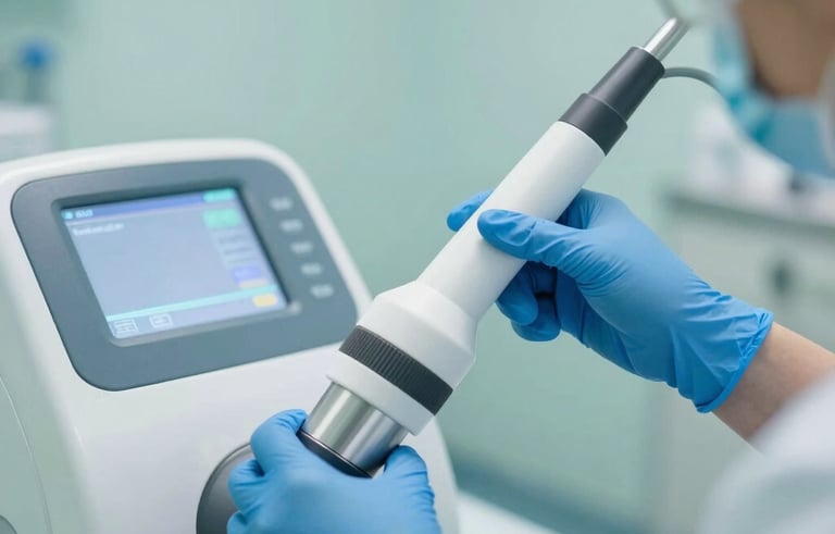 A close-up of professional disinfection equipment being used in a North American / US medical treatment room. Focus on the precision and modern tools used for high-level sterilization. Clean, bright, and professional atmosphere with blue and green highlights.