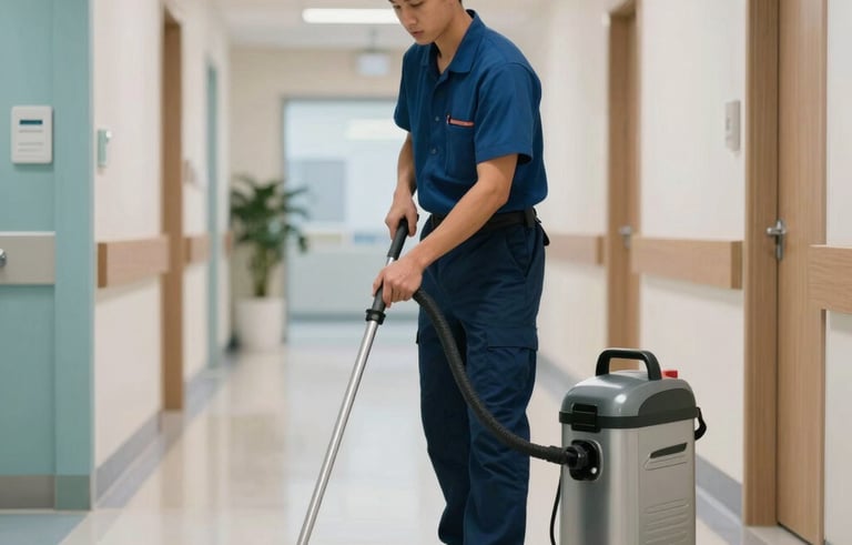 A professional janitorial staff member in a clean uniform using high-end cleaning equipment in a modern medical hallway in New York City. The floor is polished and reflective. Bright, professional North American / US healthcare setting.