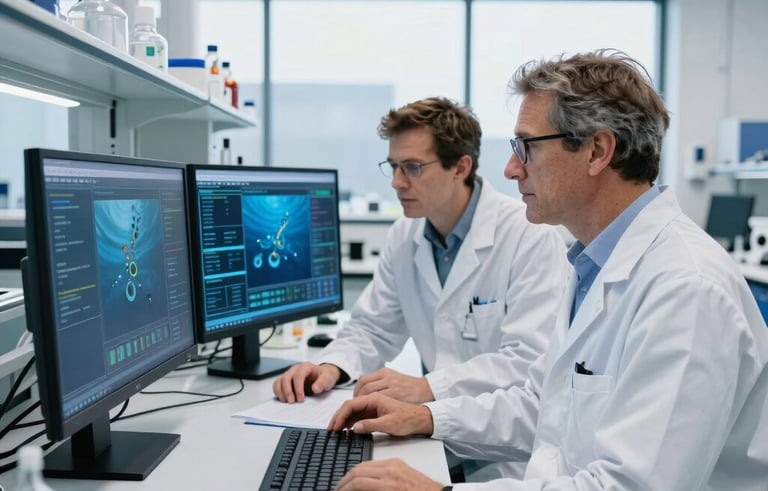 A professional wide-angle shot of Australian and European researchers collaborating in a bright, modern marine laboratory. The composition shows two experts reviewing complex data on a screen, with deep ocean blue and crisp white lab surfaces. Soft natural lighting from large windows, creating a sophisticated and authoritative atmosphere.