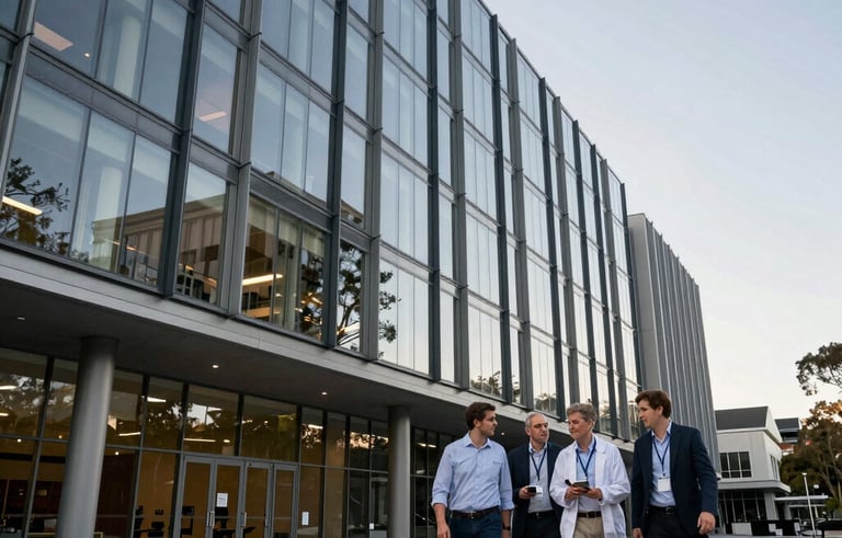 A majestic architectural view of a contemporary European research university building with glass facades reflecting the sky. Australian and European scientists are seen in the foreground walking and talking together, projecting a sense of global partnership and high-level intellectual activity. Shot in soft afternoon light.