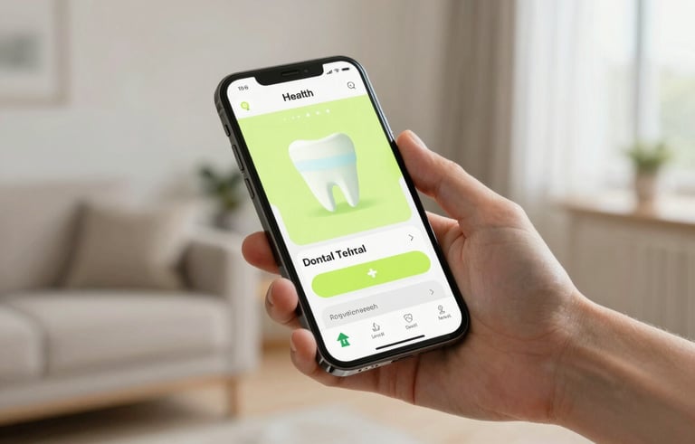 A clean, modern smartphone held by a hand in a bright Central European home environment, displaying a user-friendly dental health web app interface with upload buttons. The lighting is soft and natural, emphasizing a warm, non-clinical HealthTech aesthetic with hints of light lime green and white.
