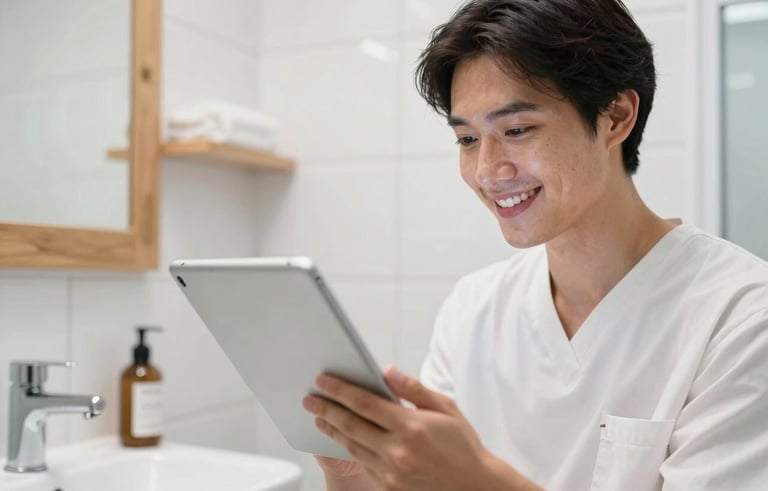 A smiling person in a modern Central European bathroom, looking at a tablet screen with a satisfied expression. The background is clean and bright with soft focus, featuring high-quality wooden accents and white tiles, embodying a trustworthy and fresh healthcare feeling.