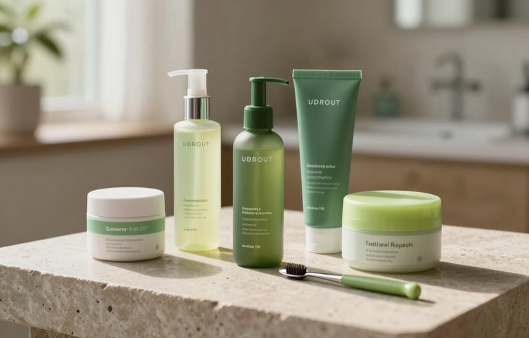 A close-up photograph of high-end, sustainable dental care products arranged on a stone surface with soft morning light. The scene is airy and positive, using a palette of forest green and light lime, set in a contemporary Central European home.