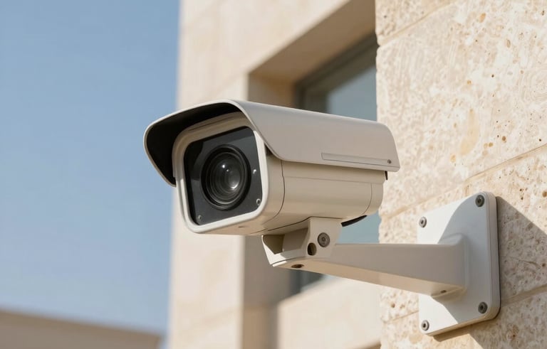 A close-up of a high-tech outdoor security camera mounted on a modern limestone building in the Middle Eastern / Gulf region, blue sky backdrop, sharp focus on the professional lens, signifying safety and reliability.