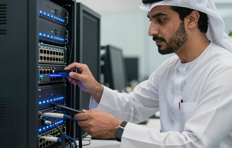 A professional IT specialist in a neat office environment in the Middle Eastern / Gulf region, configuring high-speed network routers and server hardware with glowing blue LED status lights, representing technological innovation.
