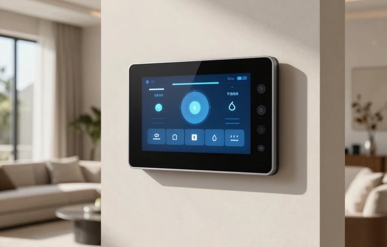 A sophisticated smart home interior in a Middle Eastern / Gulf villa, featuring a minimalist living area with a sleek touchscreen control panel on the wall showing lighting controls, high-end furniture, and soft natural sunlight, professional architectural photography.