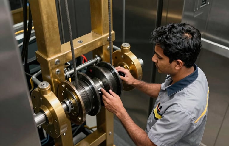 A high-angle professional photograph of a maintenance technician in a clean corporate uniform inspecting elevator hoist cables and pulleys. The setting is a modern mechanical room in a South Asian city building. Lighting is crisp and clean, highlighting gold and black industrial components to match a premium corporate aesthetic.