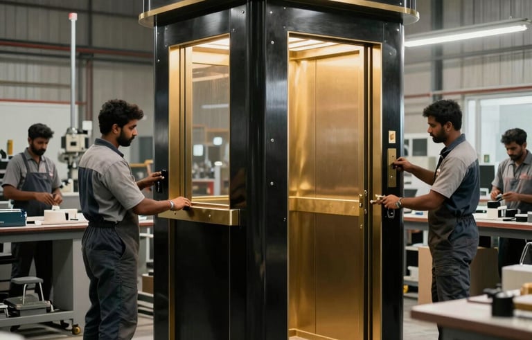 A cinematic photograph inside a high-end fabrication workshop in India. Workers in professional gear are finishing a bespoke elevator cabin made of brushed black steel with gold accents. Soft industrial lighting creates a premium, high-contrast atmosphere.