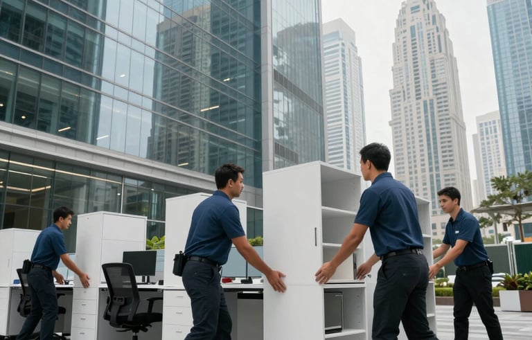 Professional photography of a corporate office relocation within a modern glass skyscraper in Dubai. Movers are efficiently organizing high-tech workstations and ergonomic furniture for transport. The lighting is crisp and the composition highlights a stress-free, orderly commercial transition.