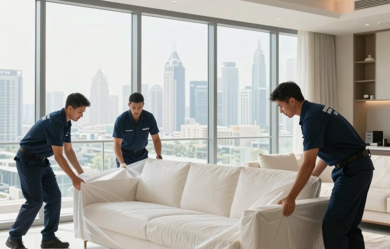 A high-end professional photography shot of a relocation team inside a bright, modern Dubai apartment. Movers wearing professional navy uniforms are carefully wrapping a luxury sofa in off-white protective materials. The composition is clean and airy, showing floor-to-ceiling windows with the Dubai skyline in the distance. The tone projects reliability and care.
