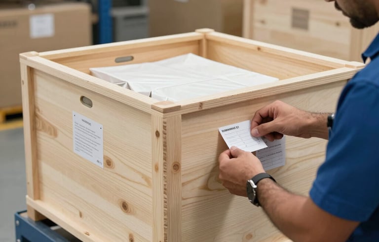 A detailed photography shot focused on a bespoke wooden shipping crate in a clean logistics warehouse in Dubai. A relocation specialist is carefully applying protective labels. The environment is organized and reflects high standards of efficiency, using a palette of steel blue and off-white. Middle Eastern / Gulf setting.