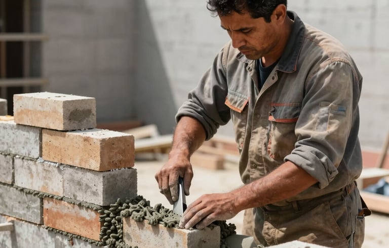 A focused South American / Brazilian mason in professional workwear laying bricks with grey mortar on a sunny construction site, sharp focus on craftsmanship, neutral grey and tan palette.