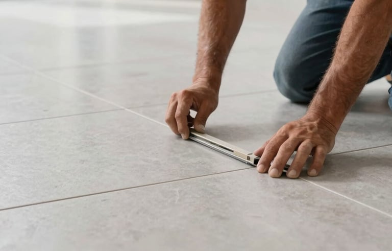 Close-up of a South American / Brazilian professional mason installing large porcelain floor tiles in a bright modern room, with focus on precision and grey tile textures.