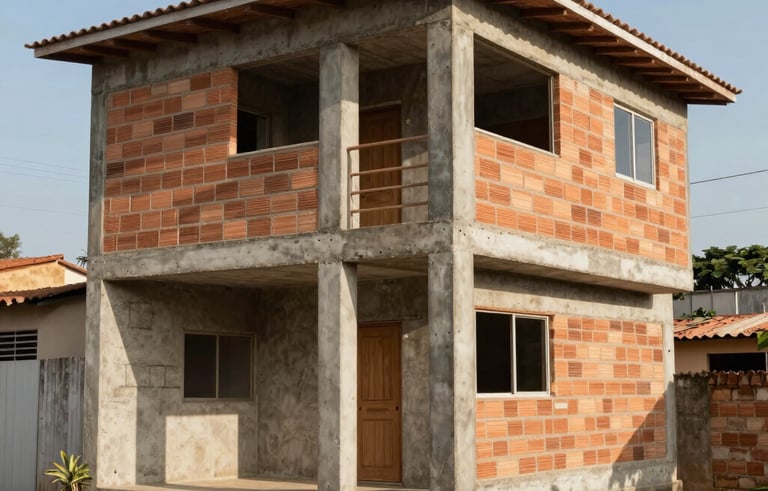 Outdoor wide shot of a solid concrete and brick house structure in South American / Brazilian suburbs under a clear sky, showing meticulous structural craftsmanship.