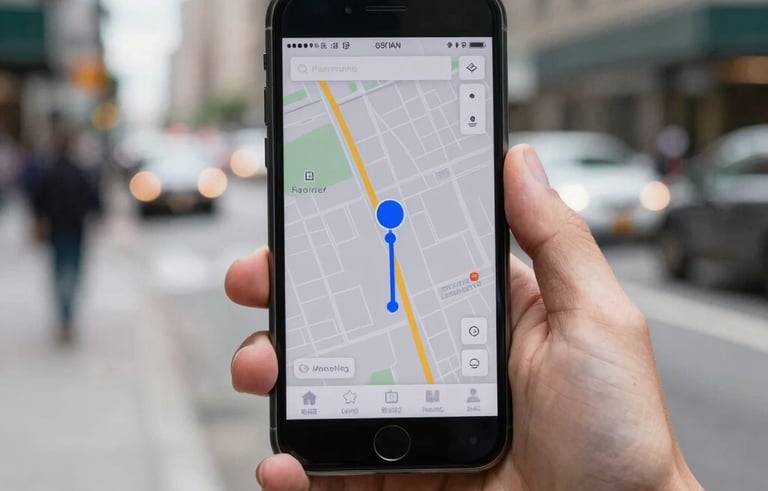 Close-up of a courier's hand holding a smartphone showing a live delivery route with ocean blue markers, against a blurred North American urban city street background. Fast-paced, high-tech professional service.