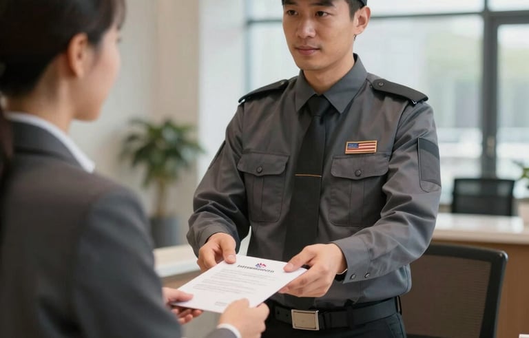 A courier in a charcoal gray uniform interacting with a receptionist at a modern US office lobby desk, exchanging a professional legal envelope. Clean, professional lighting, efficient business atmosphere.