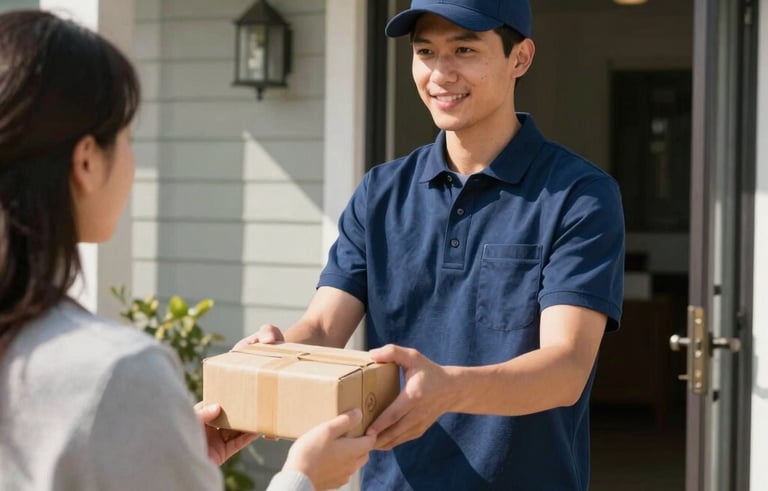 A professional courier in a navy blue uniform handing a small package to a customer at a sunny North American suburban home entrance. High-quality photography, bright daylight, conveying modern efficiency and reliability.