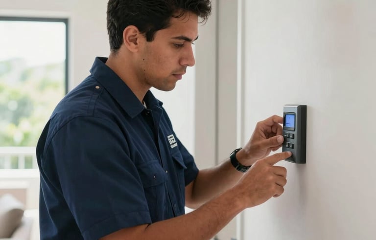 A professional security technician in a navy blue uniform installing a digital alarm keypad on a wall inside a modern Central American home. The technician is focused on the task, using professional tools. Bright, natural lighting coming from a nearby window.