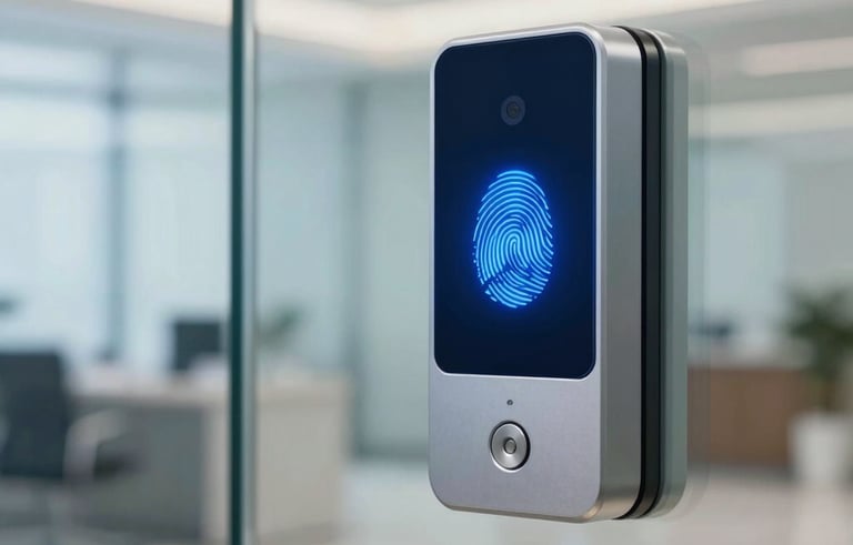 Modern biometric access control panel with a glowing blue fingerprint scanner mounted on a glass door of a corporate office in Mexico. The background is softly blurred showing a clean and professional lobby. Colors include navy blue, metallic silver, and light blue.