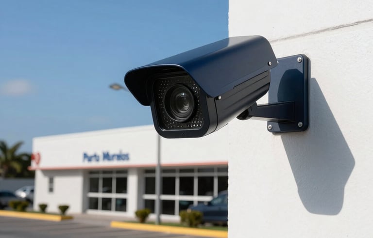 A professional high-definition security camera mounted on the corner of a modern, white-walled commercial building in Puerto Morelos, Mexico. The composition shows the camera pointing towards a parking area under bright sunlight and a clear blue sky. Professional photography, sharp focus, highlighting the technological hardware in dark blue and black tones.