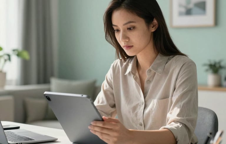 A focused professional in a modern North American home office looking at a thin, high-tech tablet. The room is filled with soft morning light, featuring clean lines and subtle seafoam green decor accents. The mood is one of reliable innovation and personal control.