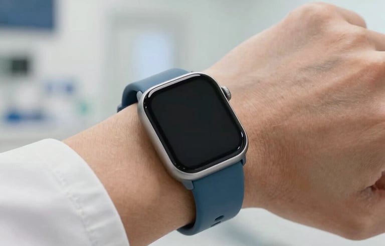 A close-up photograph of a sleek health wearable on a person's wrist in a bright, modern North American medical clinic. The lighting is clean and professional, with a color palette of medium blue and off-white.